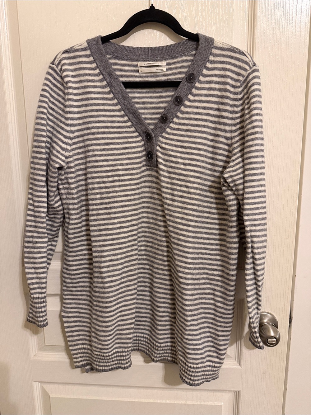 Anthropologie Gray and White Striped V‑Neck Button Pullover